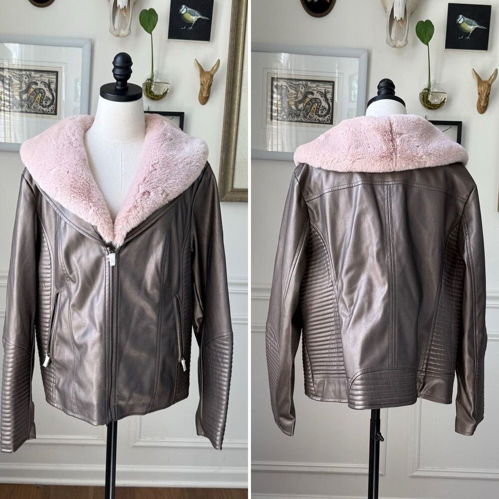 NWT Midnight Velvet Metallic Taupe Faux Leather Moto Jacket Pink Faux Fur Collar